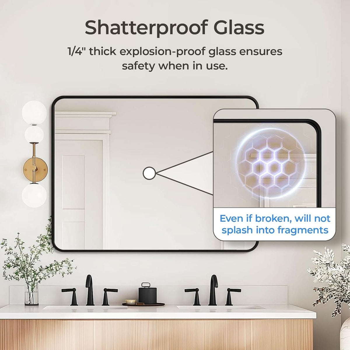 Black 30x40 Inch Rectangle Metal Frame Bathroom Vanity Mirror Wall Mounted