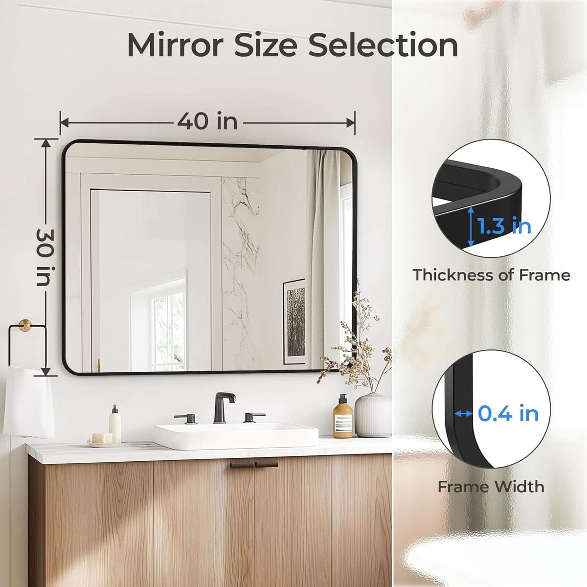Black 30x40 Inch Rectangle Metal Frame Bathroom Vanity Mirror Wall Mounted