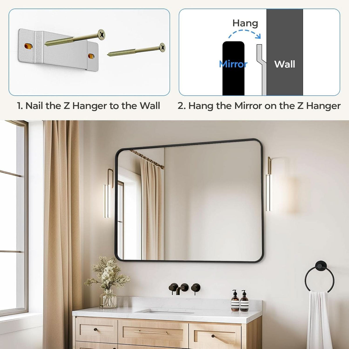 Black 30x40 Inch Rectangle Metal Frame Bathroom Vanity Mirror Wall Mounted