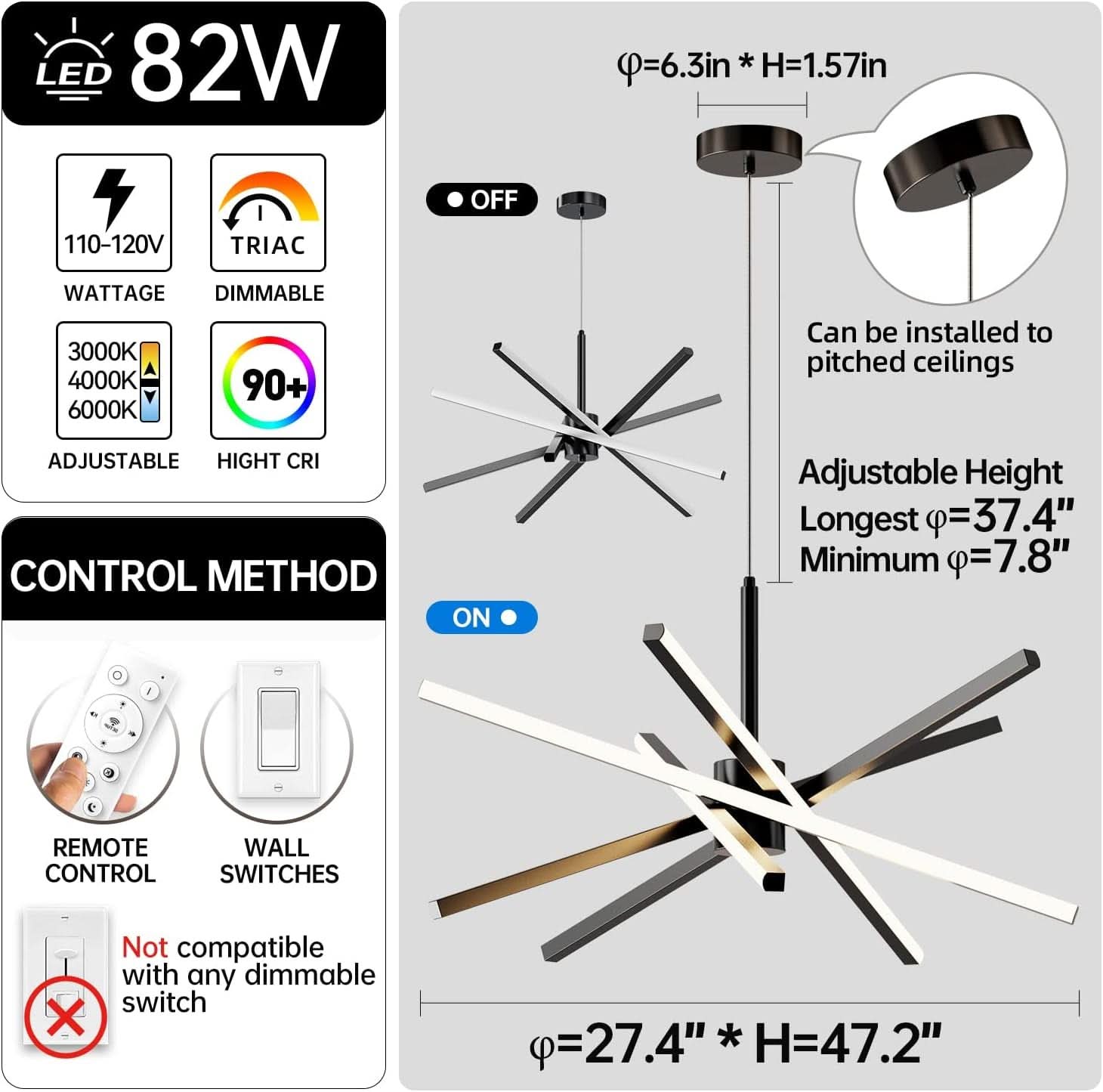 Black 31.5 Inch Modern Sputnik LED Chandelier Lighting