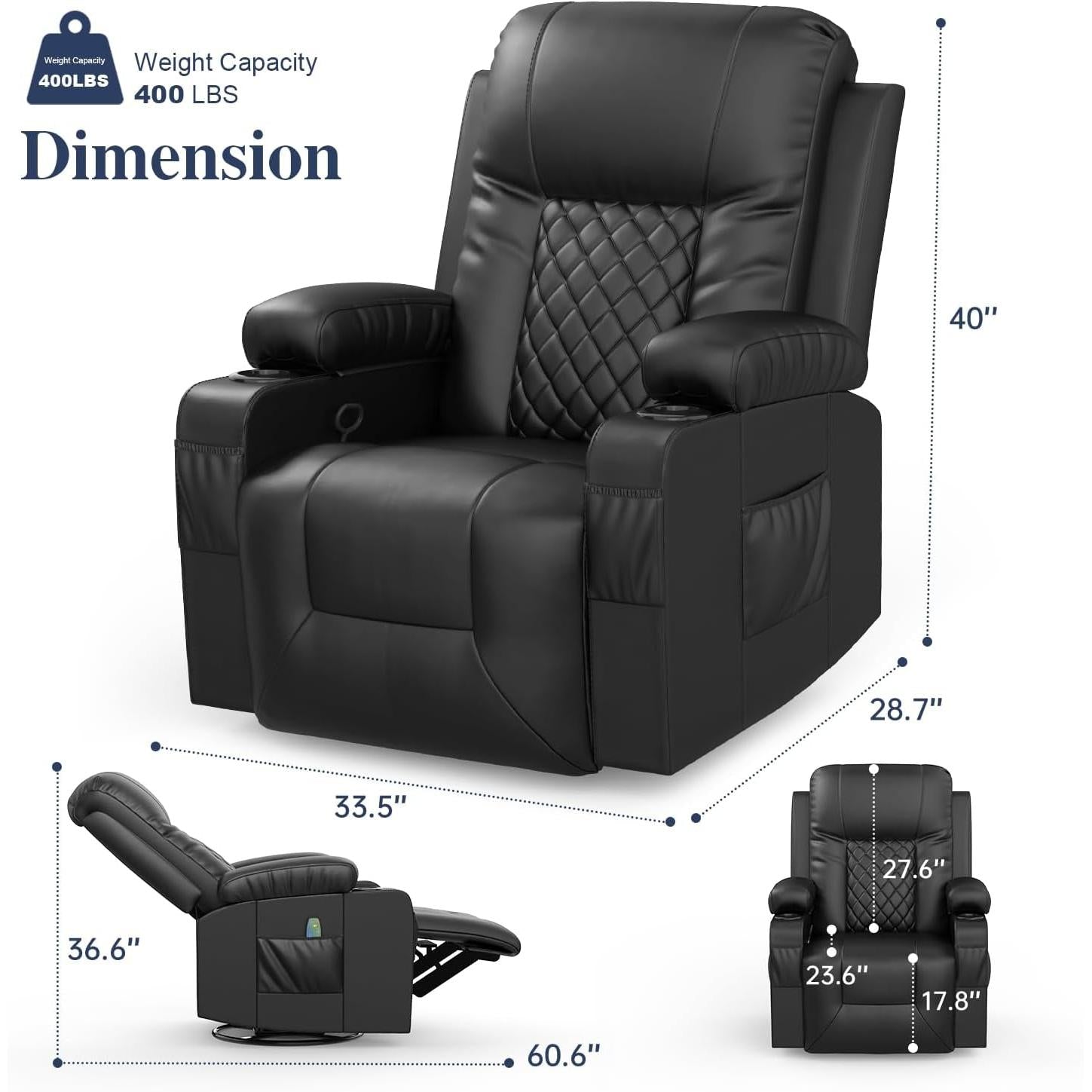 Black 360 Degree Swivel Recliner With Massage And Heat