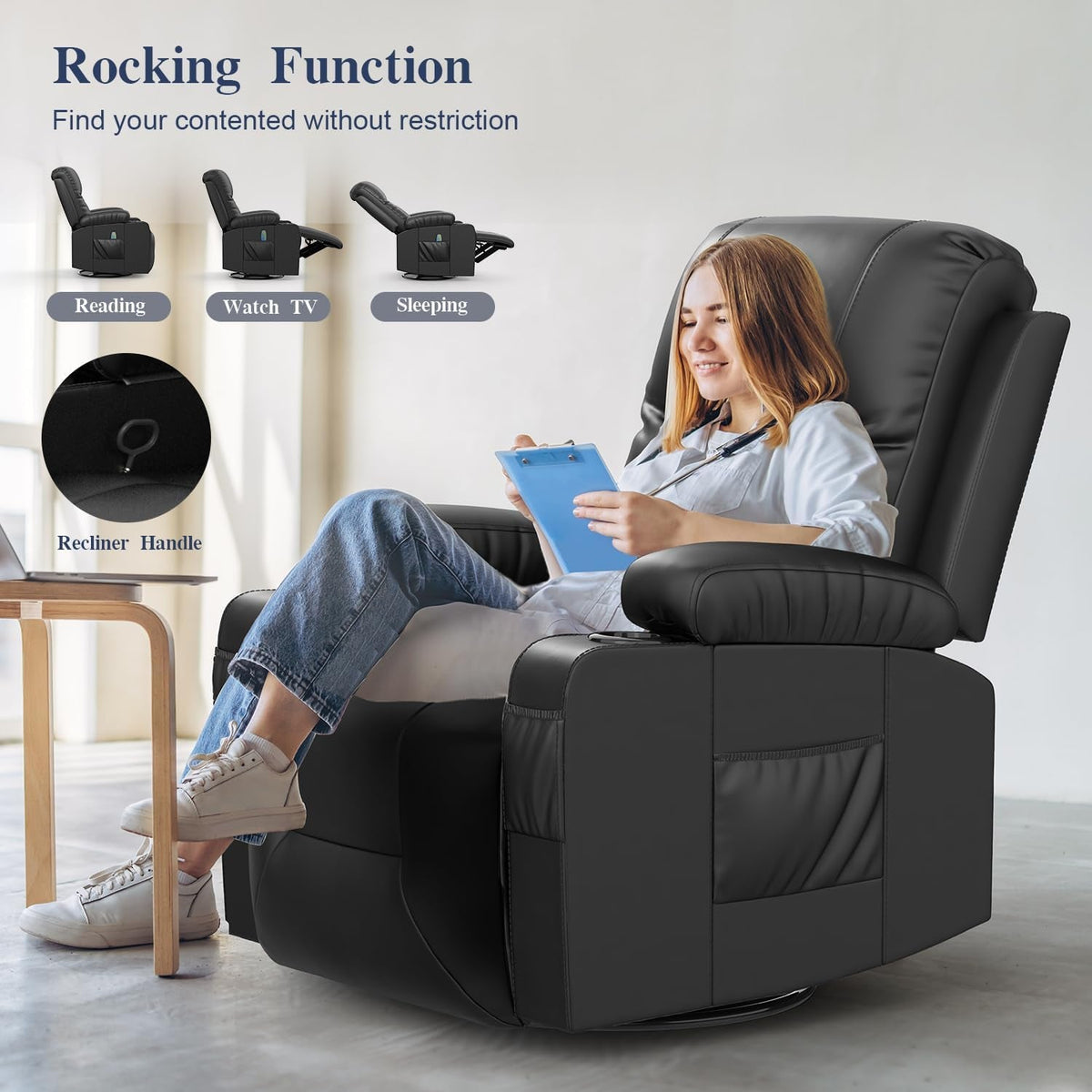 Black 360 Degree Swivel Recliner With Massage And Heat