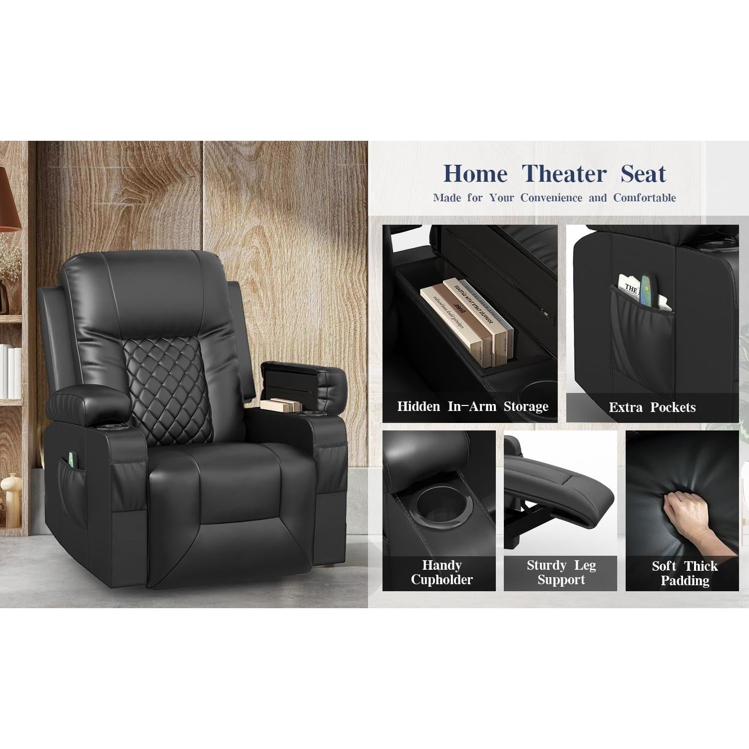 Black 360 Degree Swivel Recliner With Massage And Heat