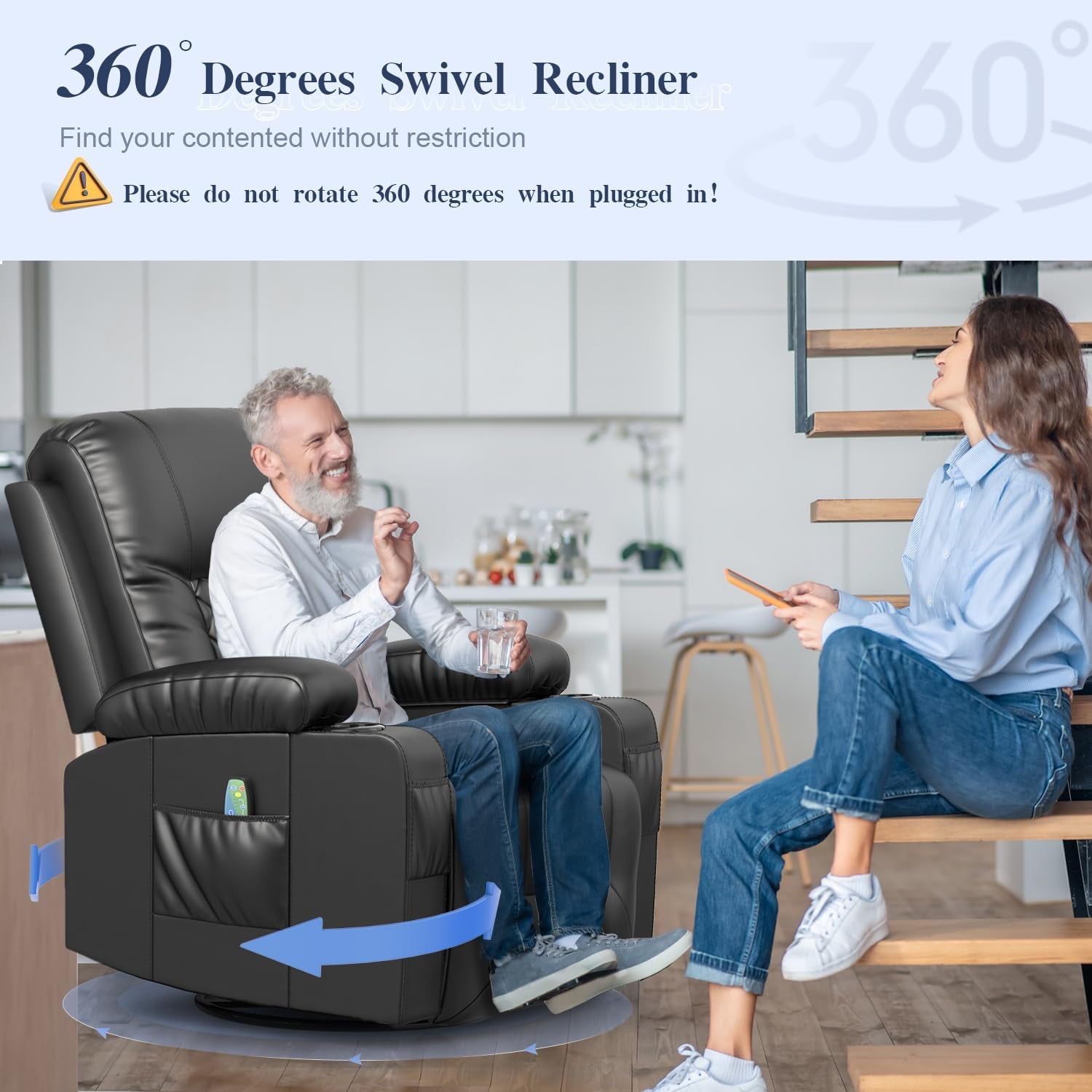 Black 360 Degree Swivel Recliner With Massage And Heat