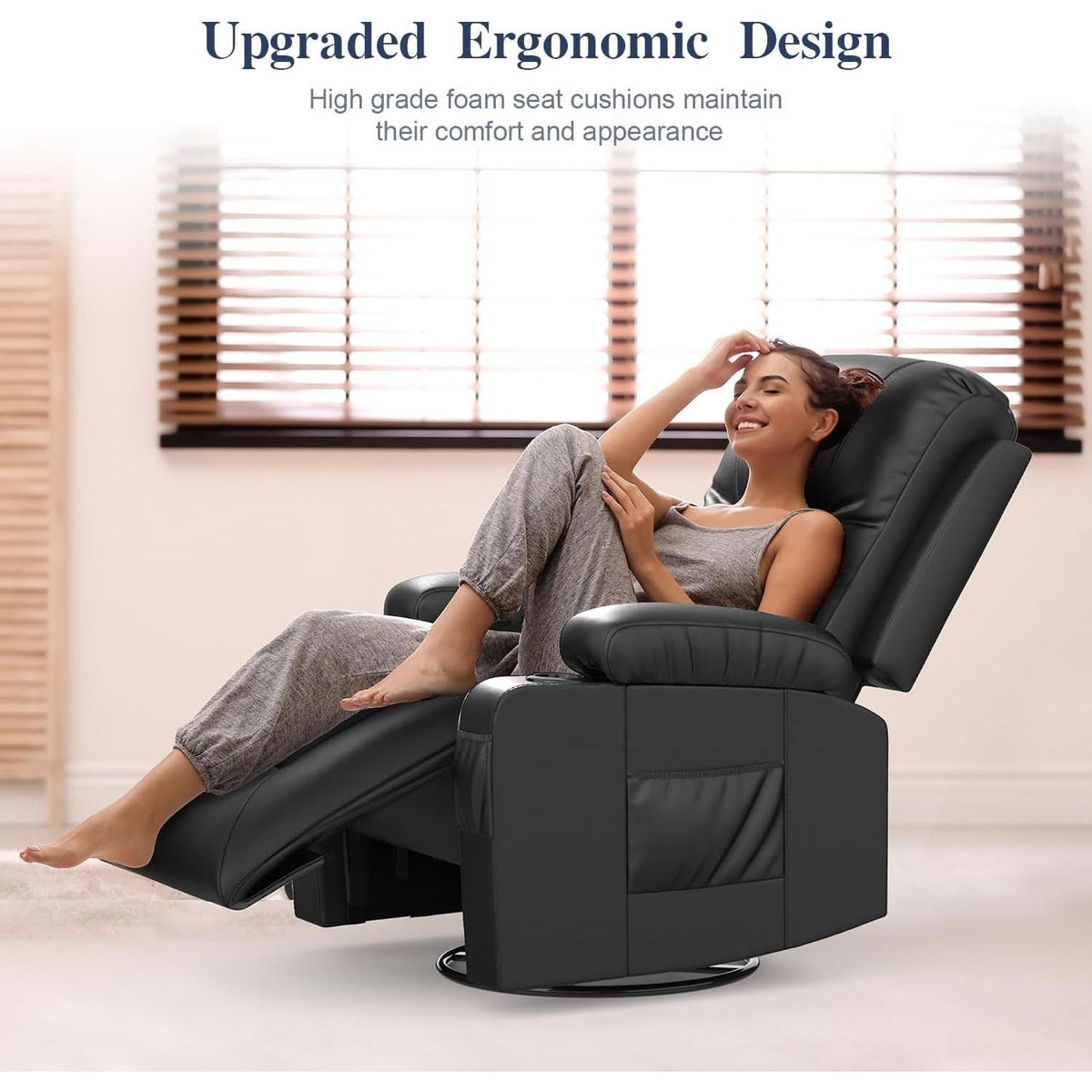 Black 360 Degree Swivel Recliner With Massage And Heat