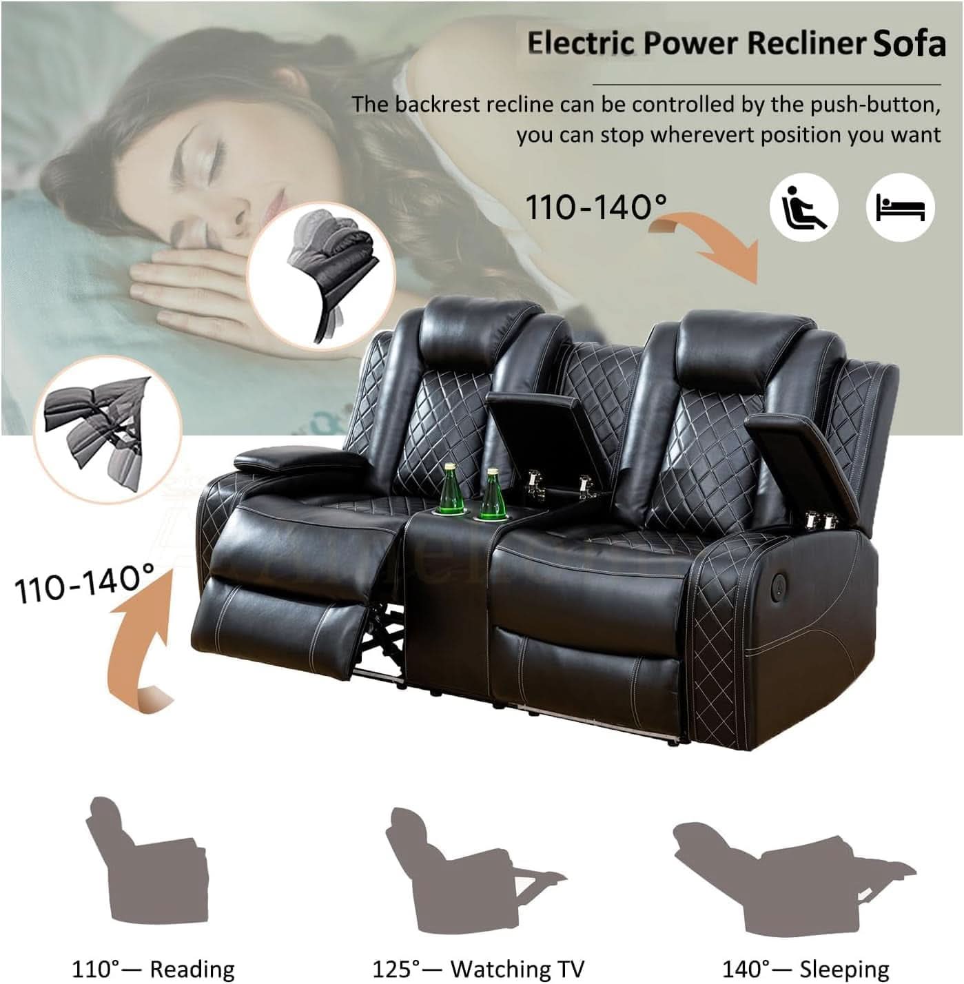 Black 3Piece Power Recliner Sofa Set With LED Light