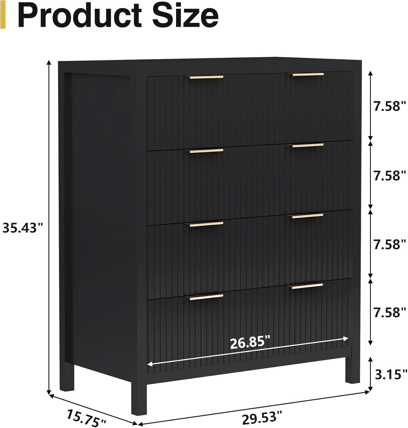 Black 4 Drawer Dresser With Waveform Fluted Panel Storage
