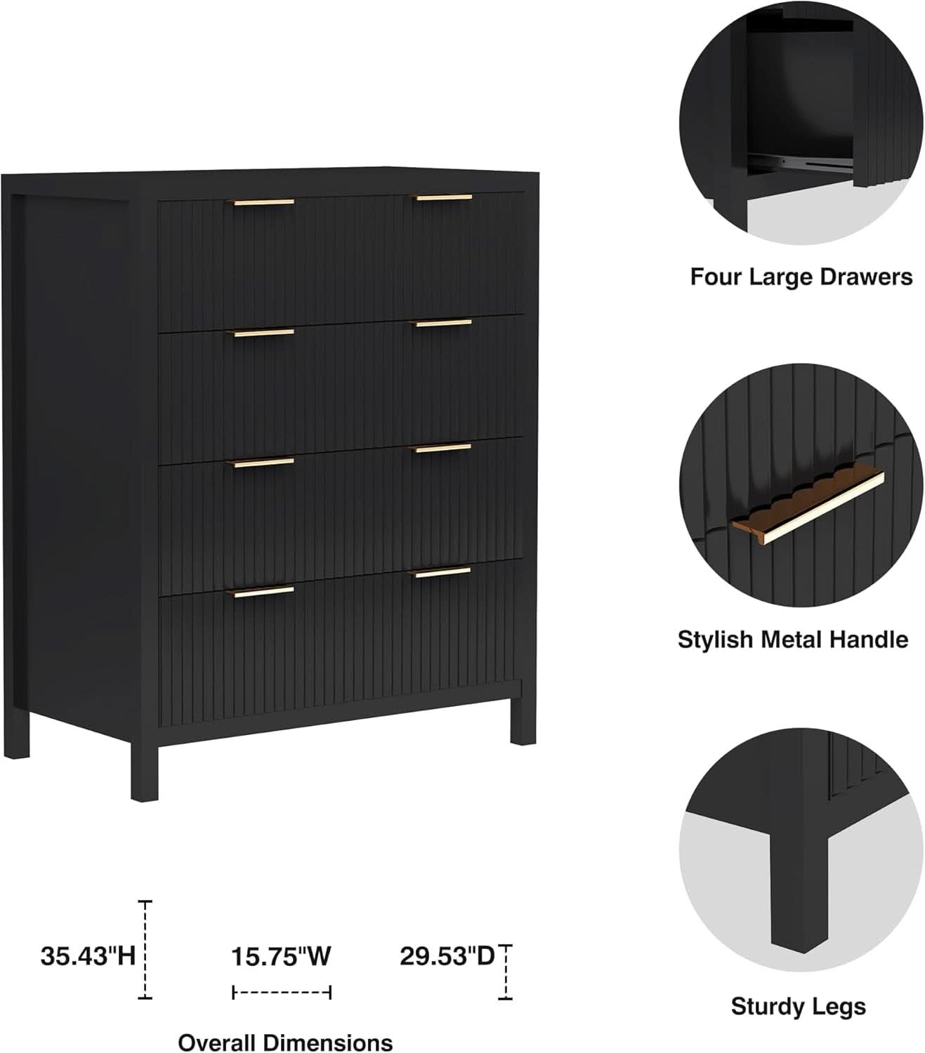 Black 4 Drawer Dresser With Waveform Fluted Panel Storage