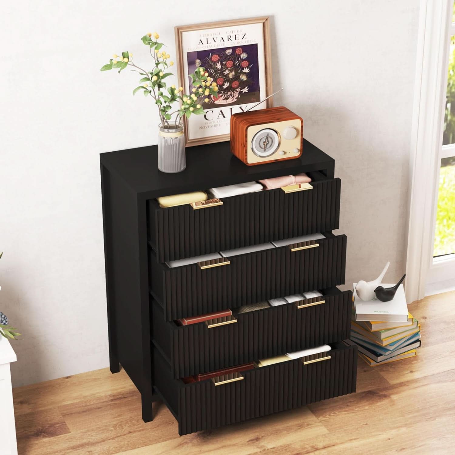 Black 4 Drawer Dresser With Waveform Fluted Panel Storage