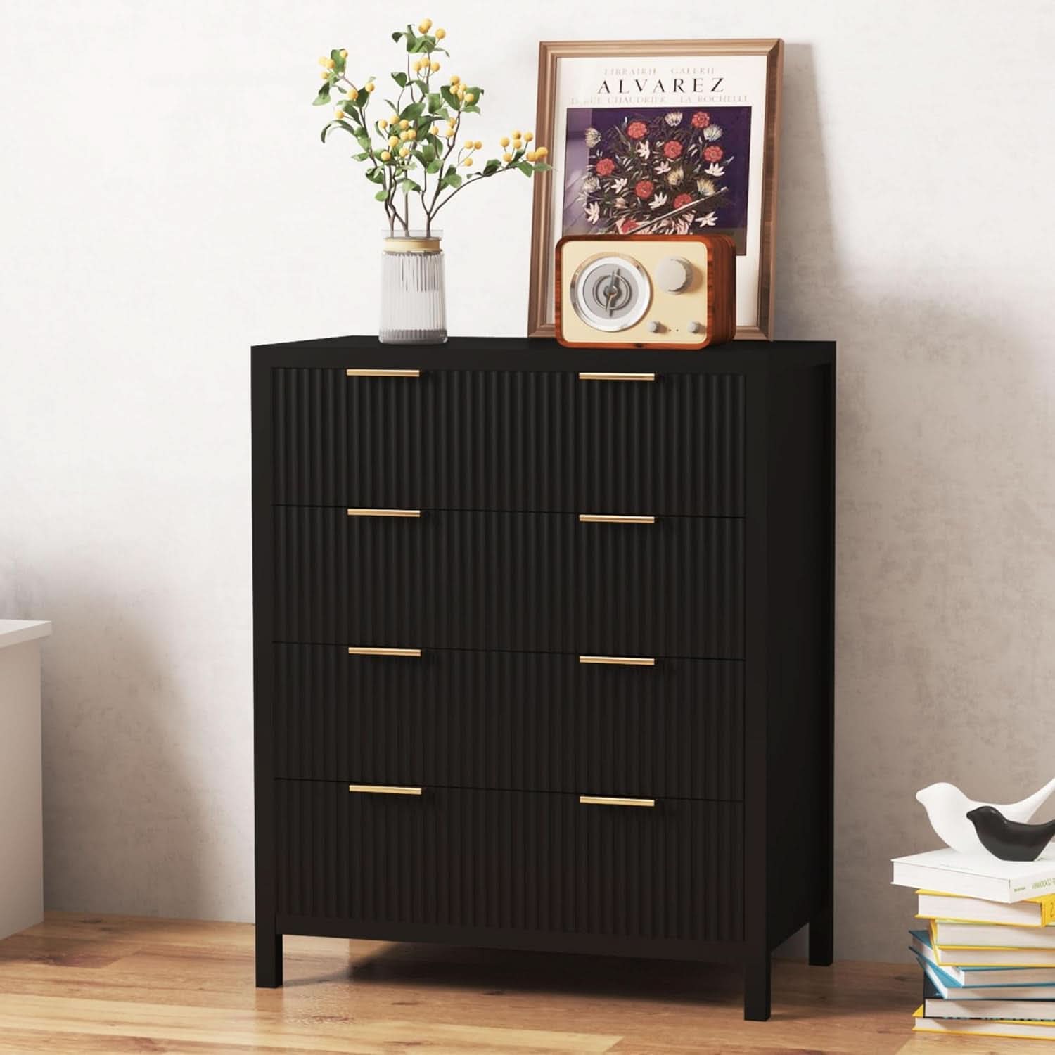Black 4 Drawer Dresser With Waveform Fluted Panel Storage