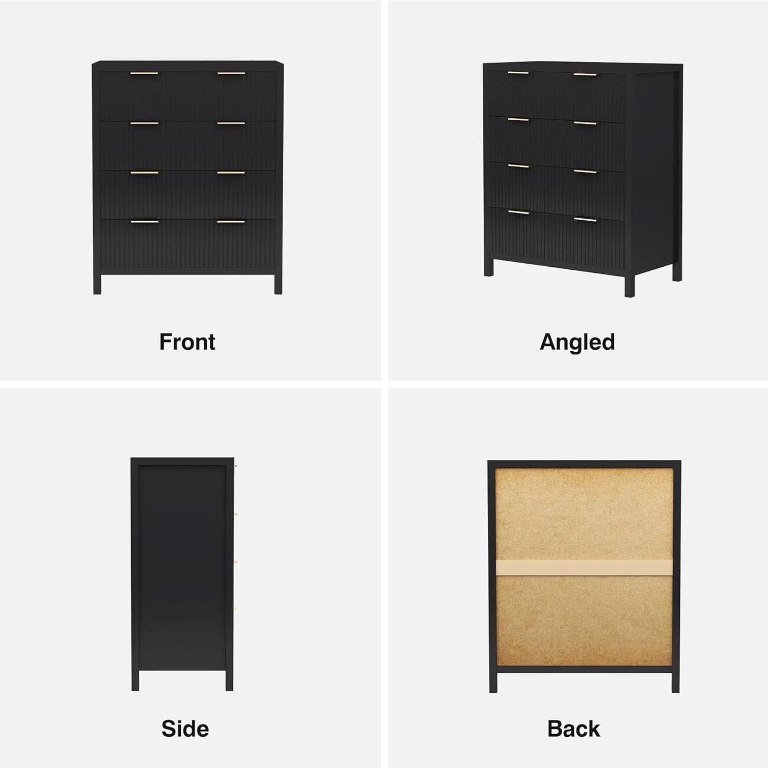 Black 4 Drawer Dresser With Waveform Fluted Panel Storage