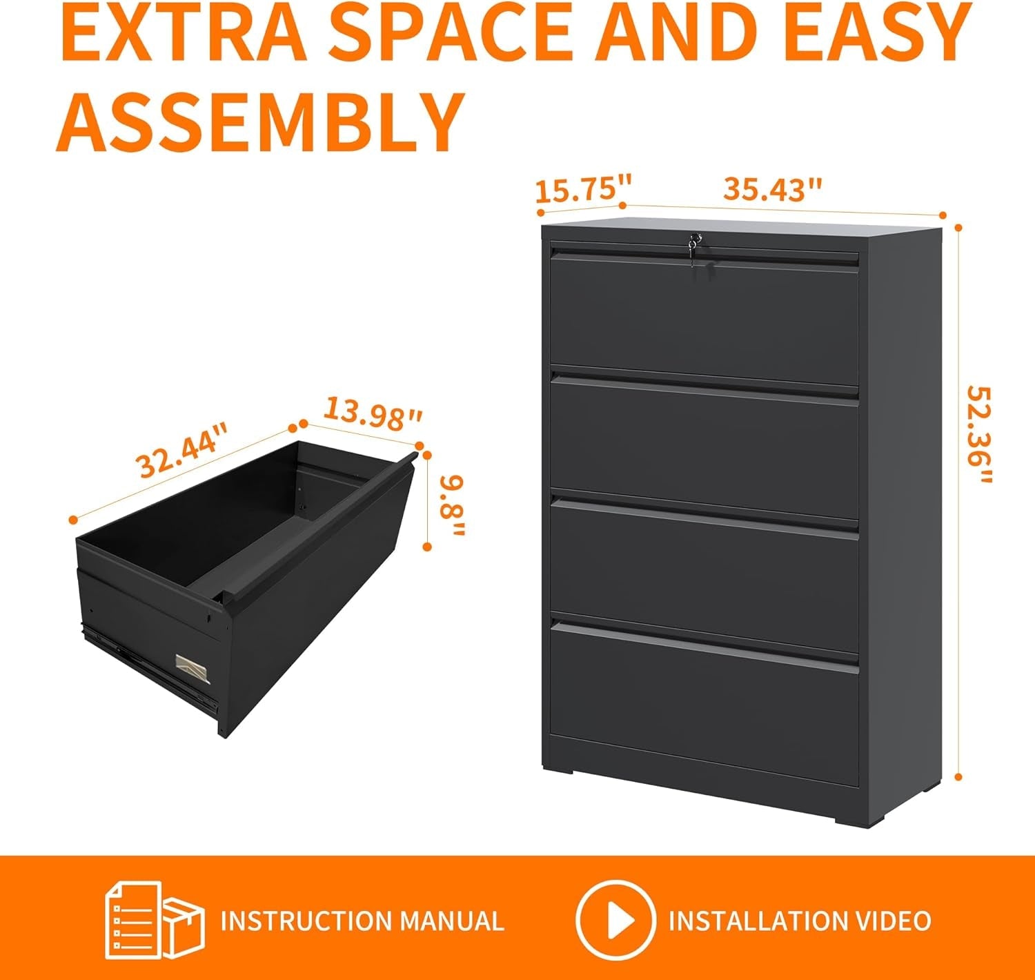 Black 4 Drawer Metal File Cabinet With Lock For Office