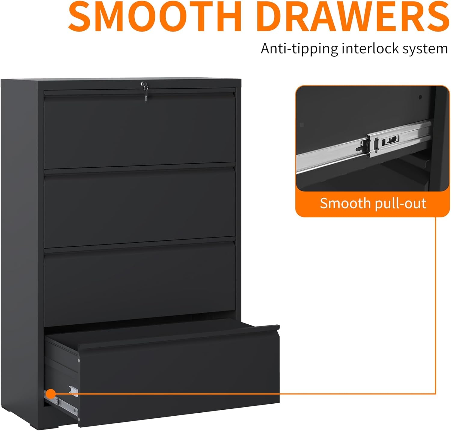 Black 4 Drawer Metal File Cabinet With Lock For Office