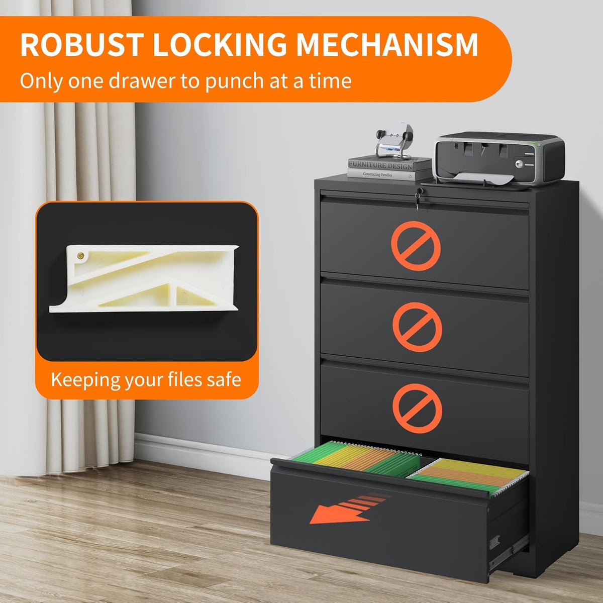 Black 4 Drawer Metal File Cabinet With Lock For Office