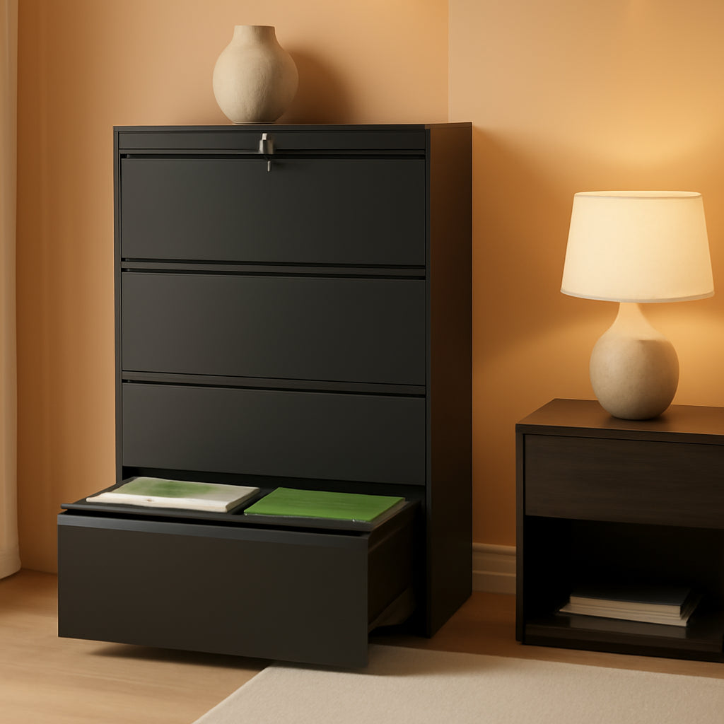 Black 4 Drawer Metal File Cabinet With Lock For Office