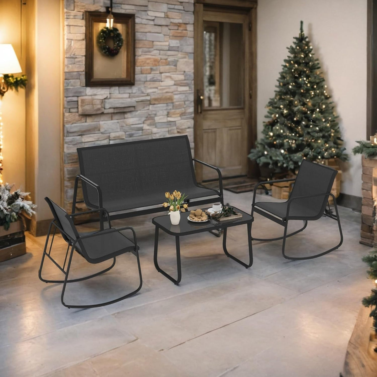 Black 4 Piece Patio Set With Rocking Chairs And Glass Table