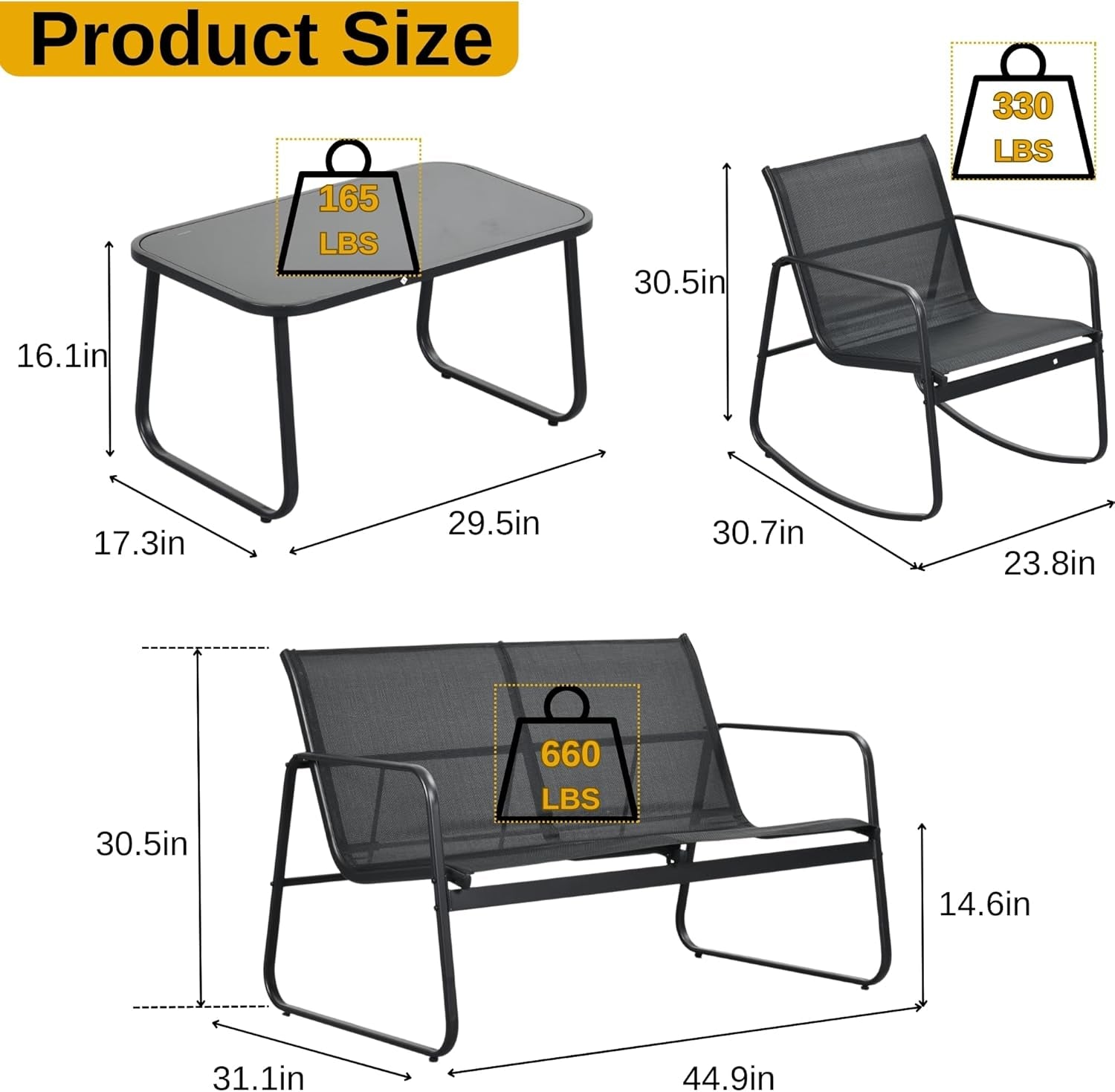 Black 4 Piece Patio Set With Rocking Chairs And Glass Table