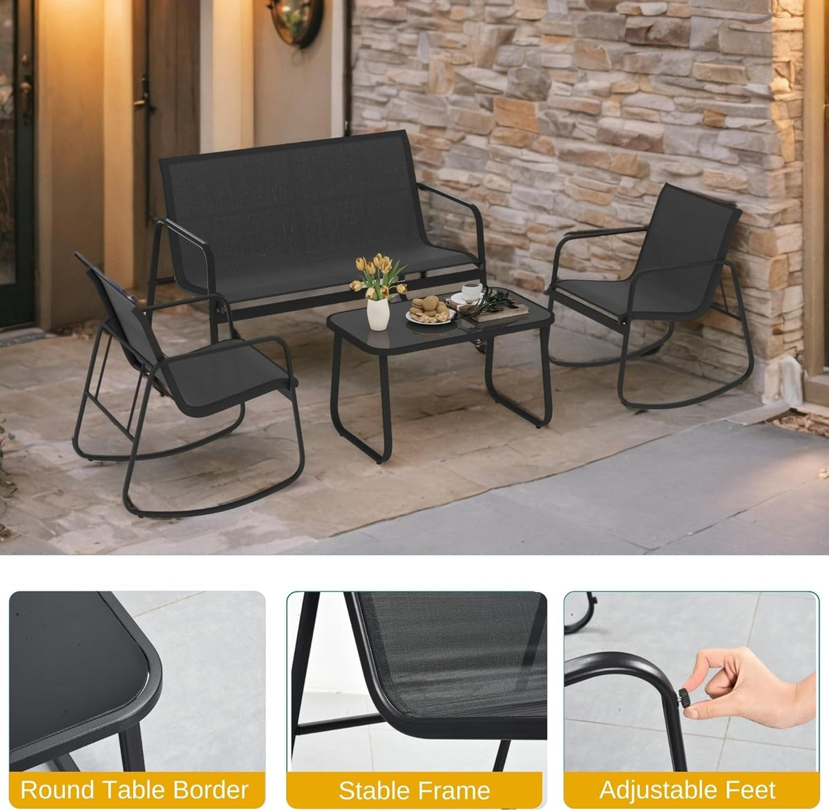 Black 4 Piece Patio Set With Rocking Chairs And Glass Table