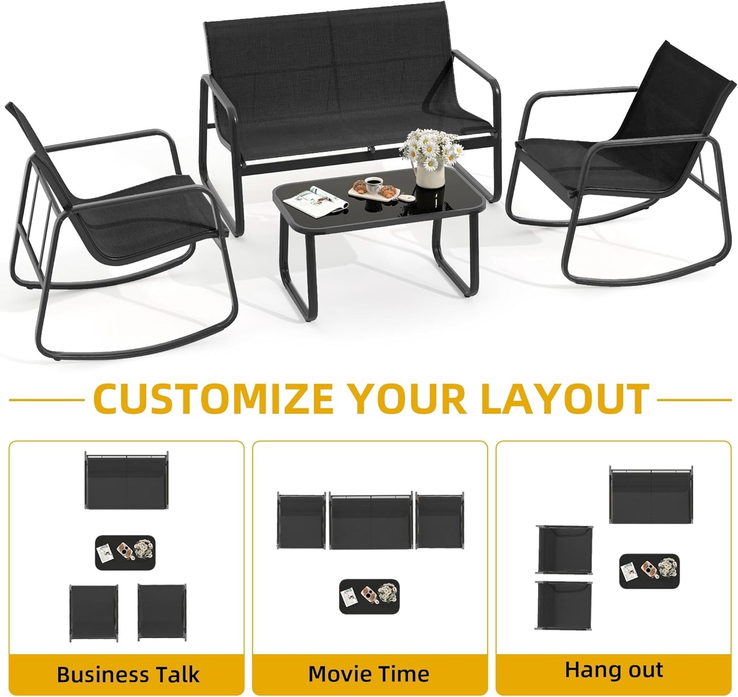 Black 4 Piece Patio Set With Rocking Chairs And Glass Table