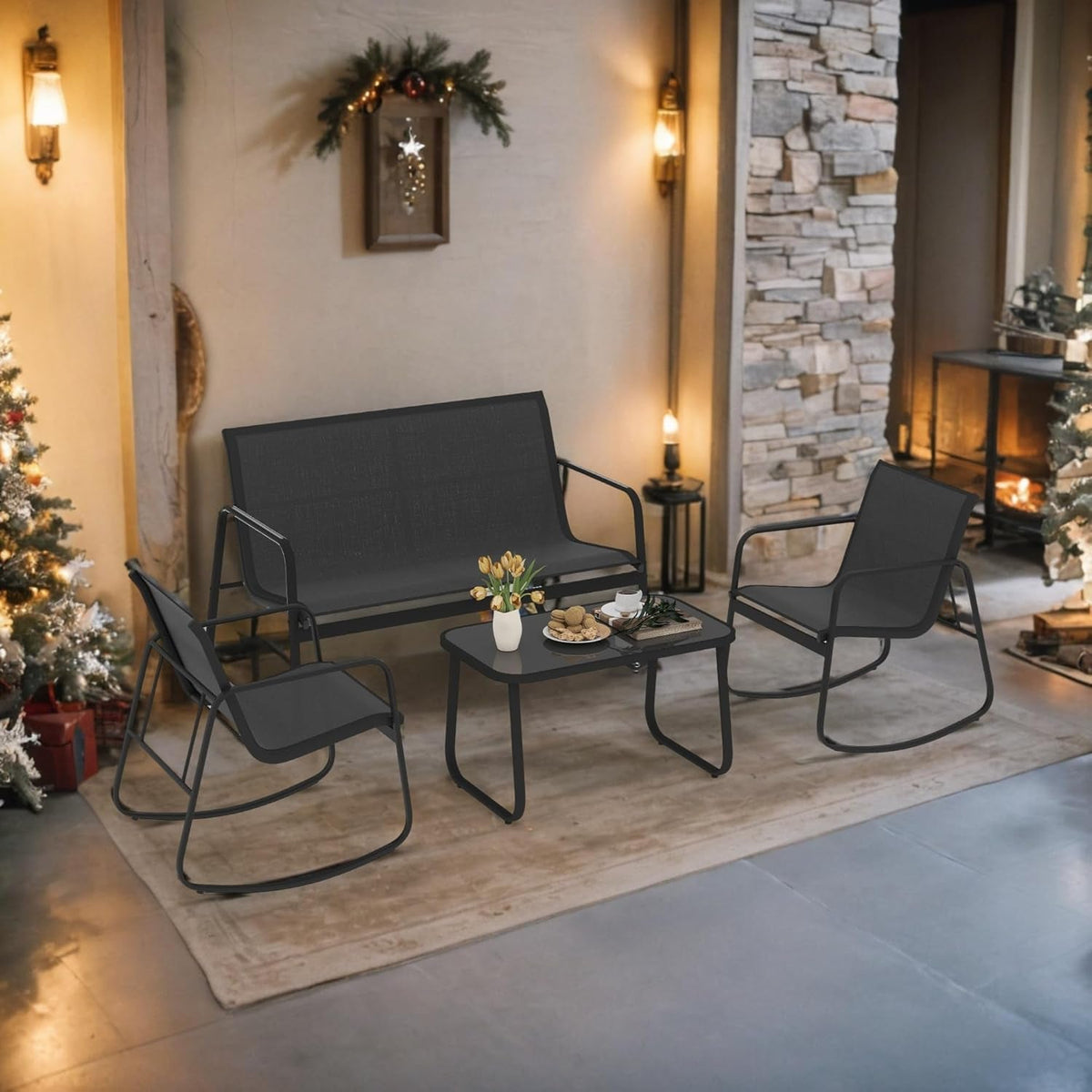 Black 4 Piece Patio Set With Rocking Chairs And Glass Table