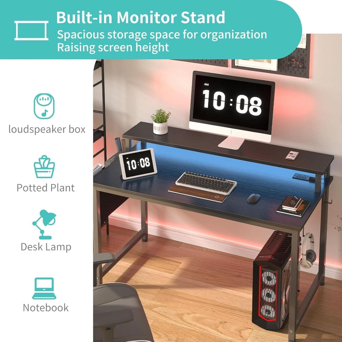 Black 40 Inch RGBIlluminated Gaming Desk With USB Ports