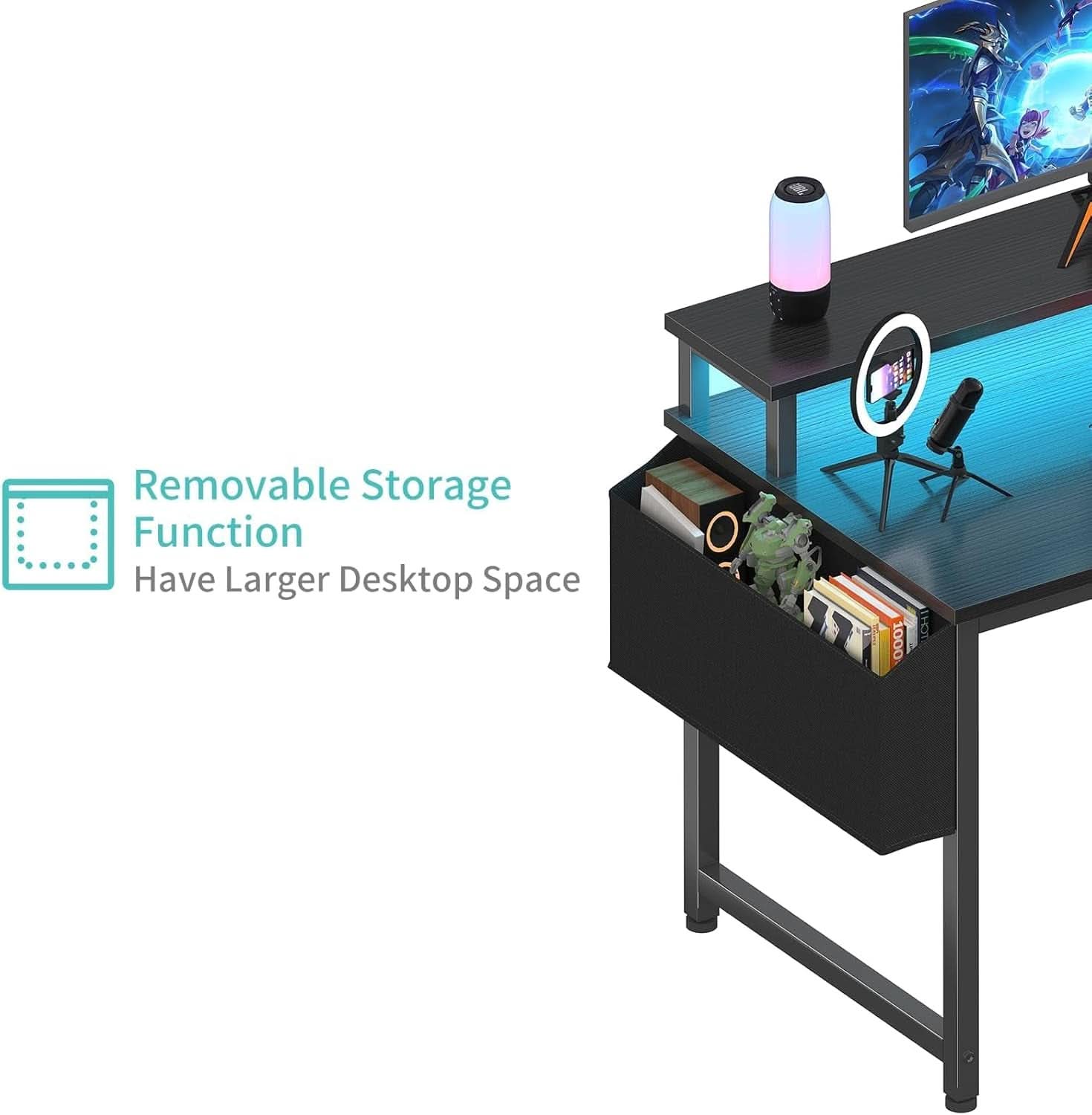 Black 40 Inch RGBIlluminated Gaming Desk With USB Ports