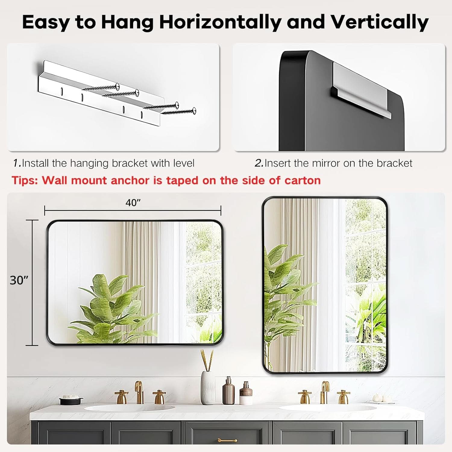 Black 40x30 Inch Metal Framed Rectangular Bathroom Mirror