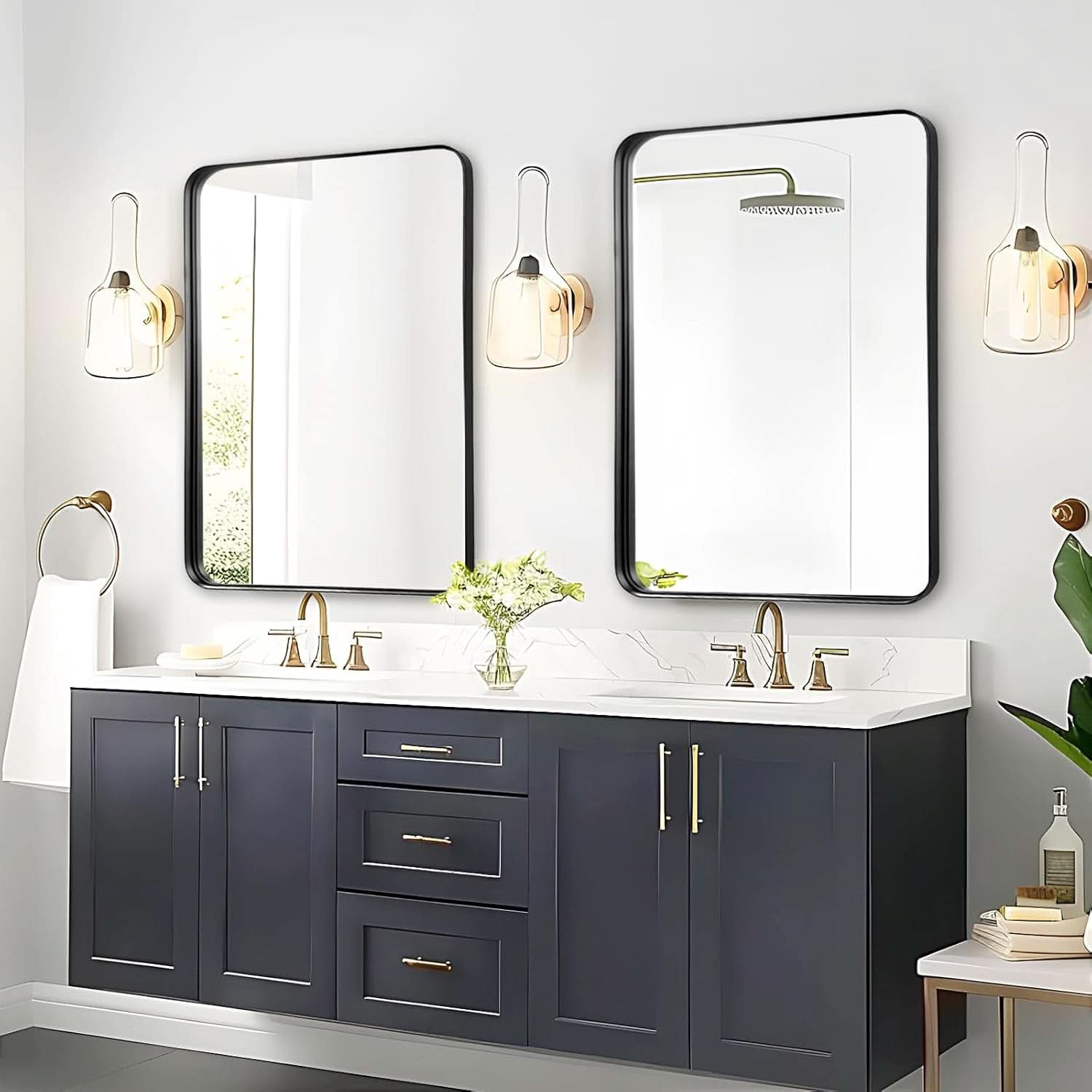 Black 40x30 Inch Metal Framed Rectangular Bathroom Mirror
