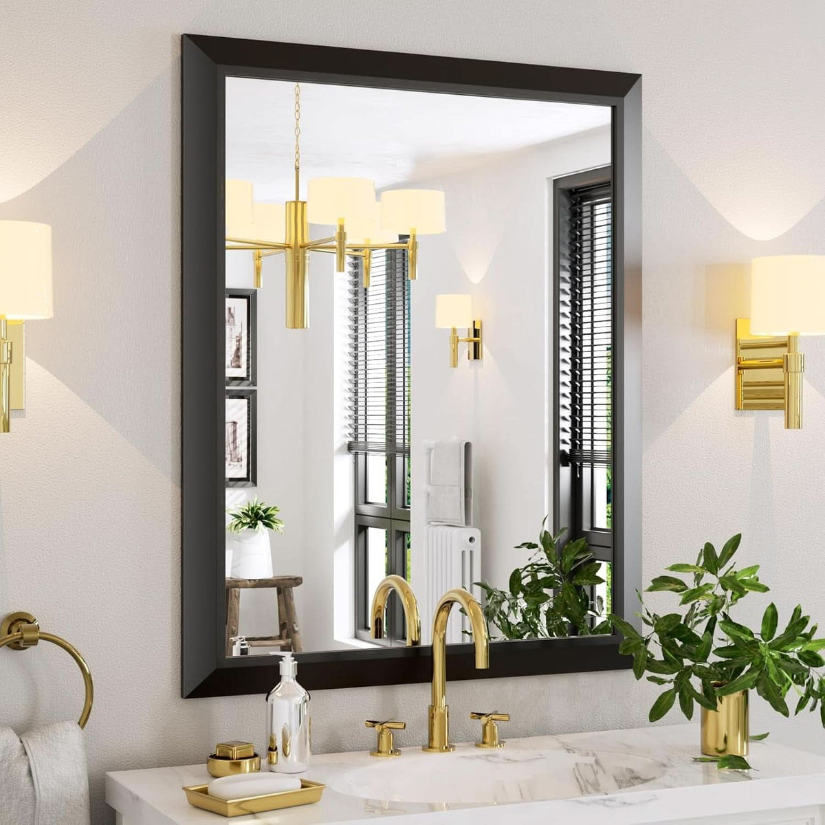 Black 40x32 Inch Metal Framed Bathroom Mirror Wall Mount