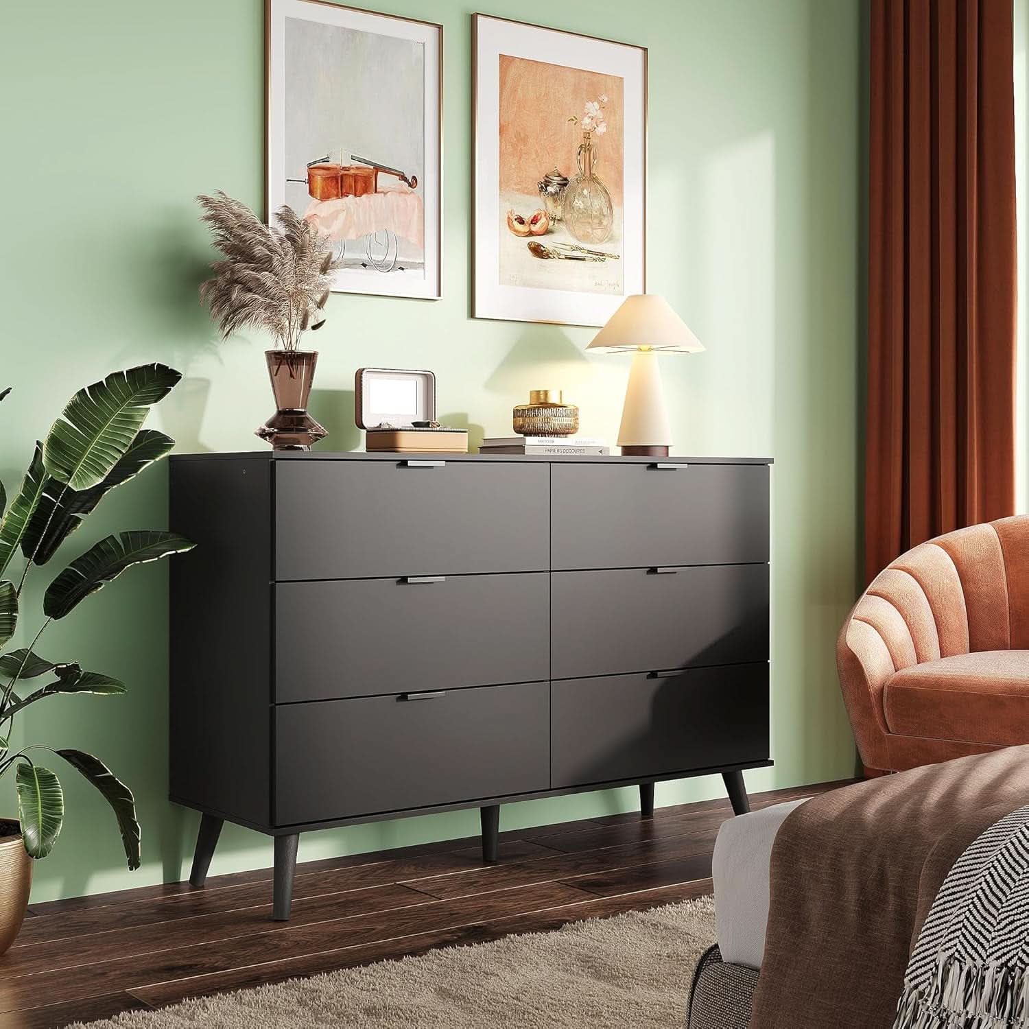 Black 47 Inch Dresser With Six Drawers Storage Options