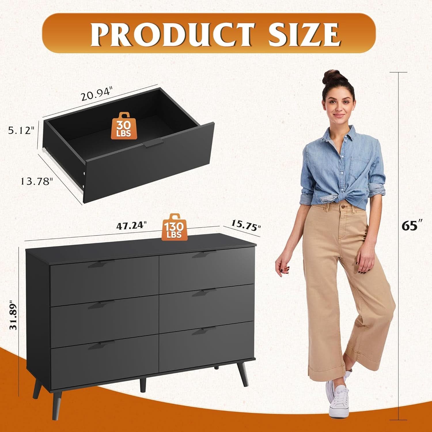 Black 47 Inch Dresser With Six Drawers Storage Options
