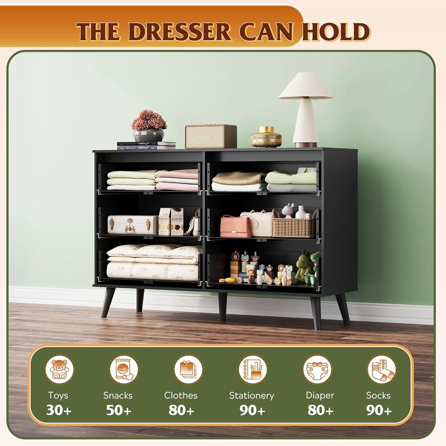 Black 47 Inch Dresser With Six Drawers Storage Options