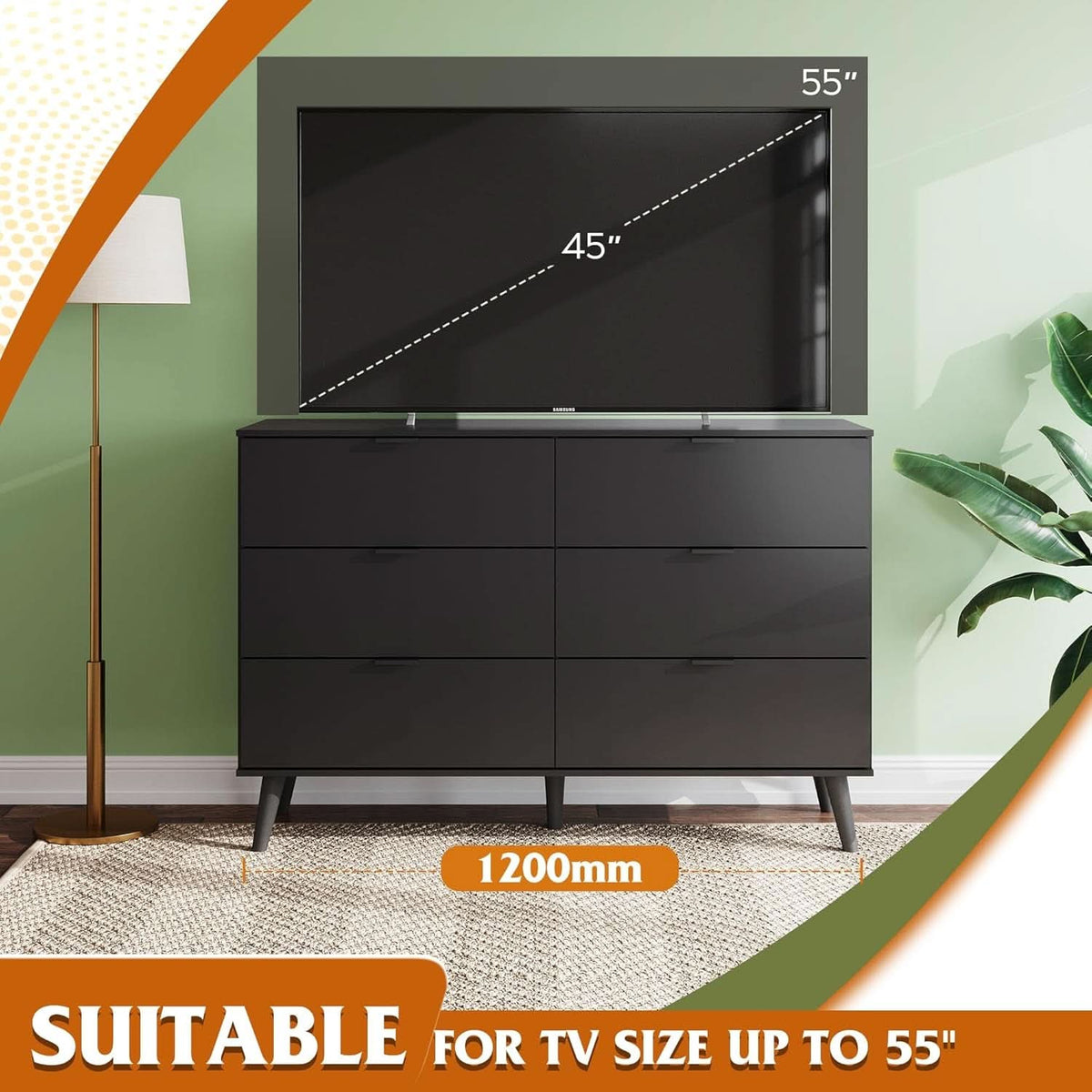 Black 47 Inch Dresser With Six Drawers Storage Options