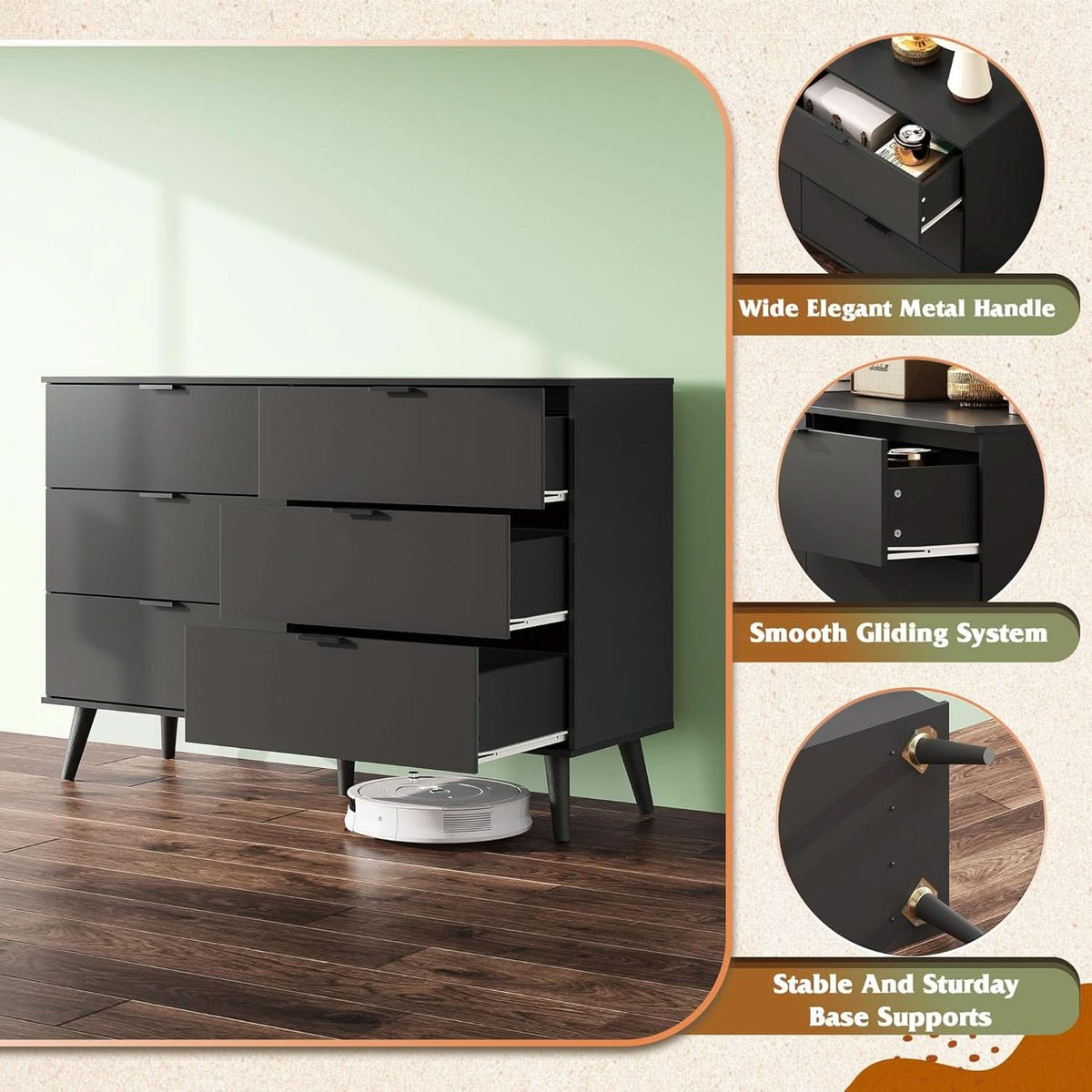 Black 47 Inch Dresser With Six Drawers Storage Options