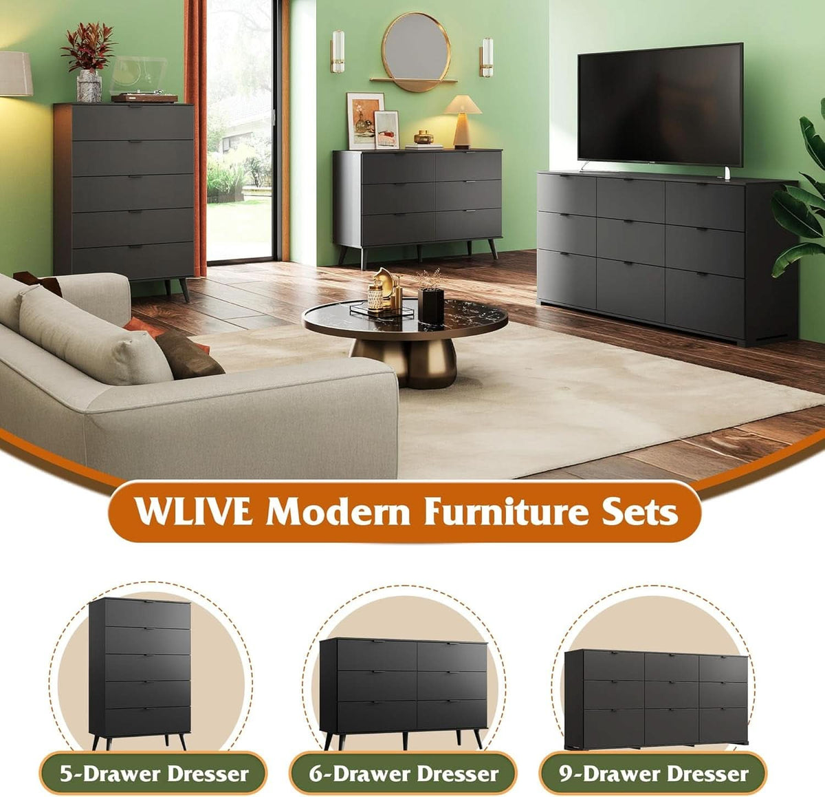 Black 47 Inch Dresser With Six Drawers Storage Options