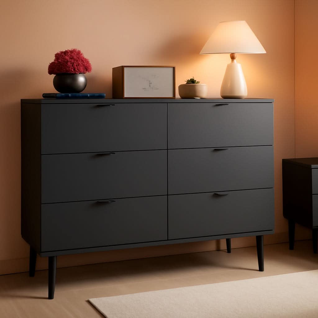Black 47 Inch Dresser With Six Drawers Storage Options