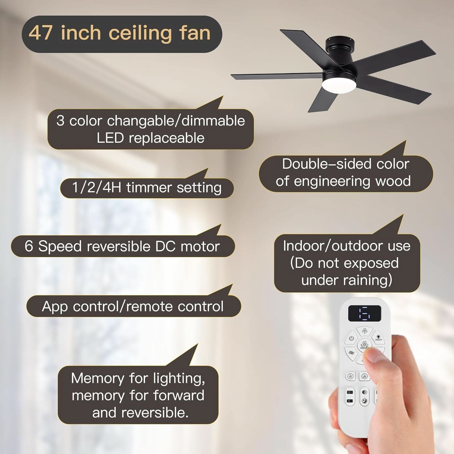 Black 47 Inch Low Profile Ceiling Fan With Remote LED