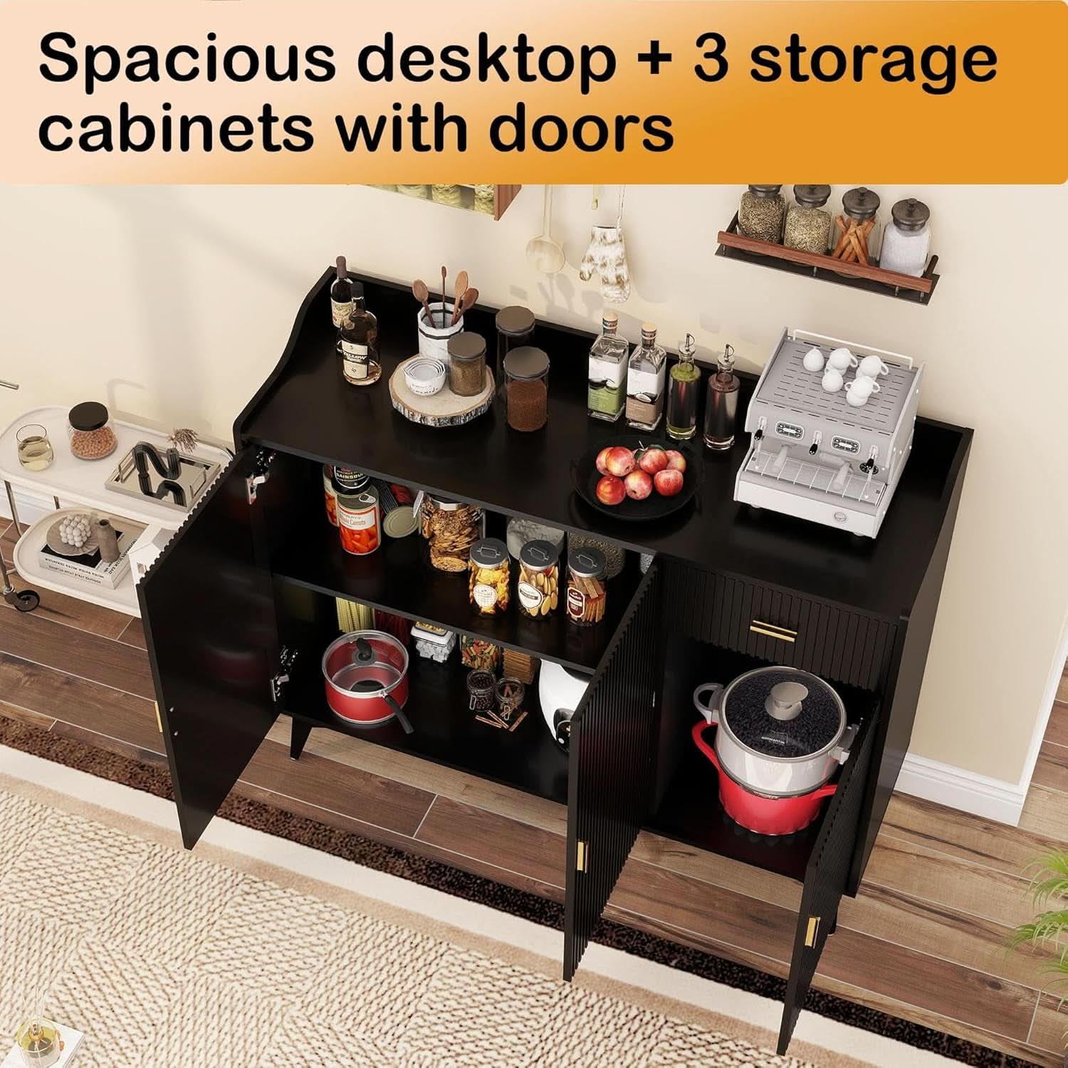 Black 47In Sideboard Cabinet For Dining Room Storage