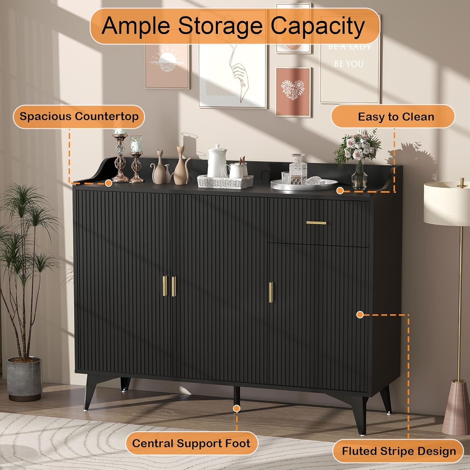 Black 47In Sideboard Cabinet For Dining Room Storage