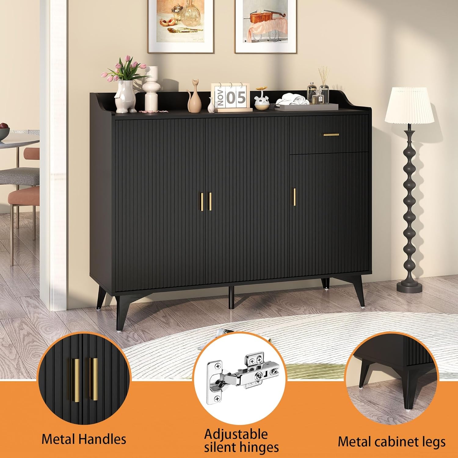 Black 47In Sideboard Cabinet For Dining Room Storage