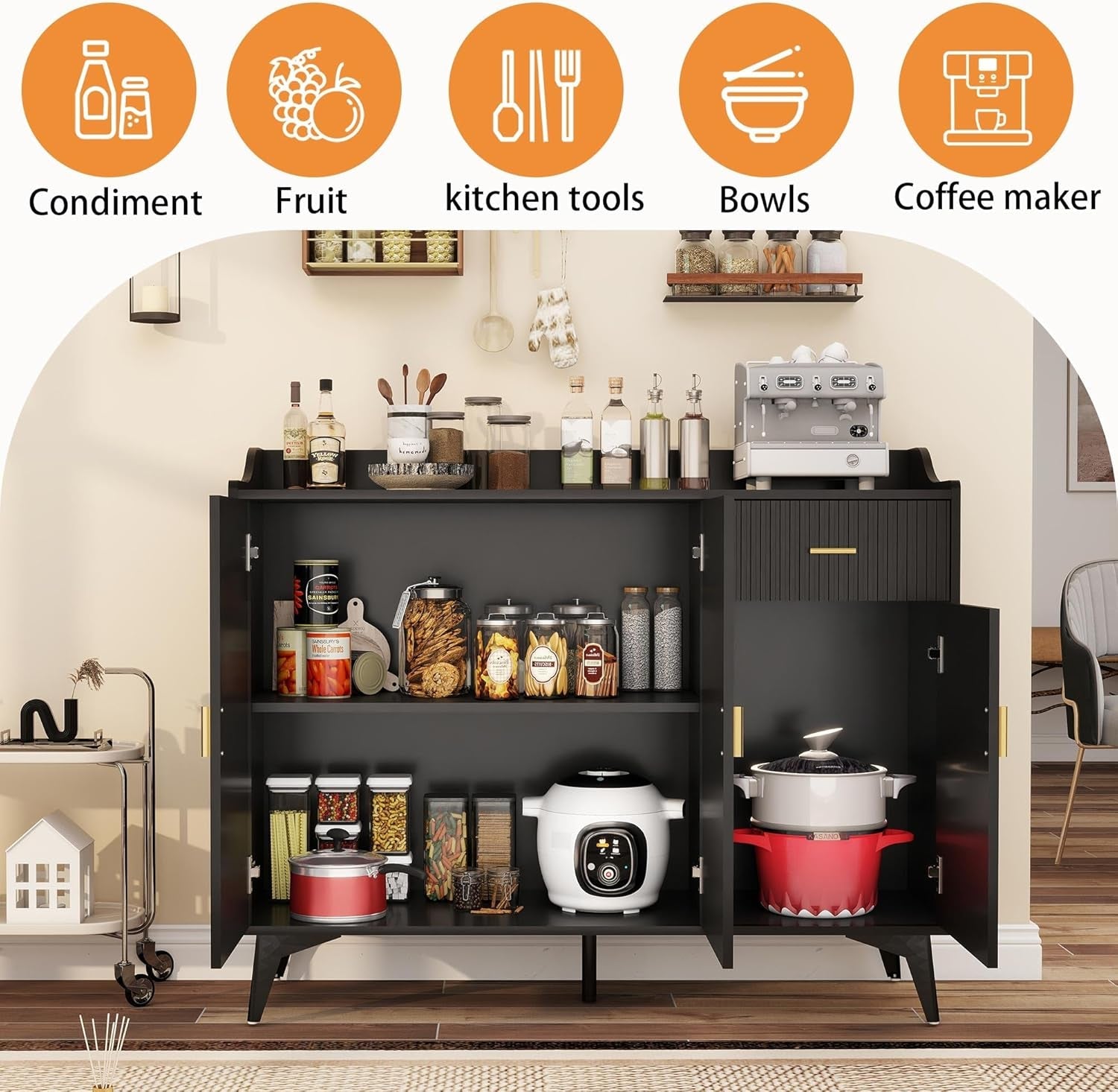 Black 47In Sideboard Cabinet For Dining Room Storage