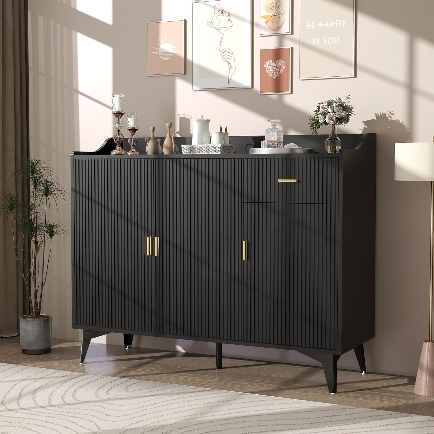 Black 47In Sideboard Cabinet For Dining Room Storage