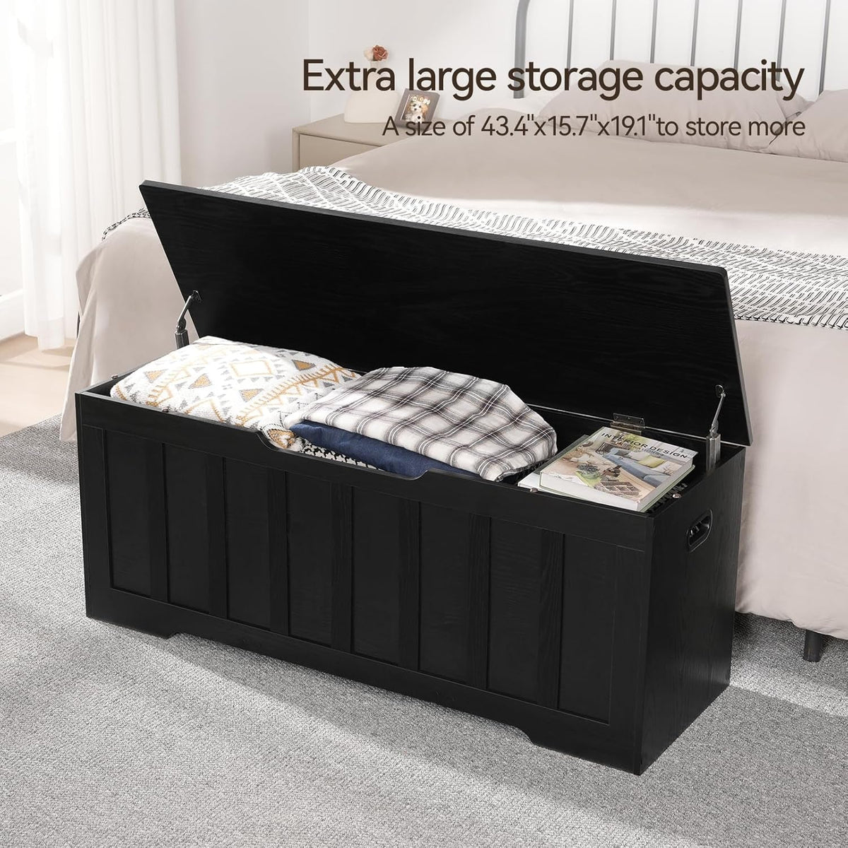 Black 47.2 Inches SolidWood Oversized Storage Bench