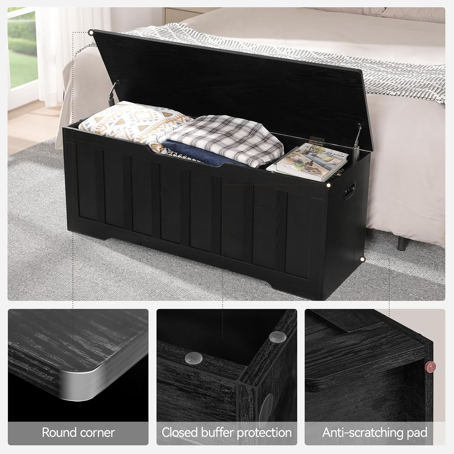 Black 47.2 Inches SolidWood Oversized Storage Bench