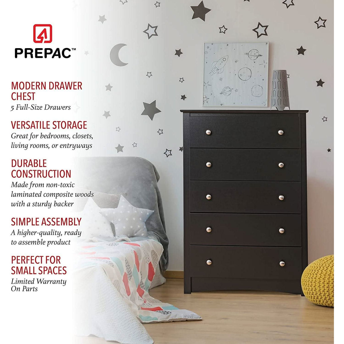 Black 5 Drawer Bedroom Dresser Chest With Ample Storage
