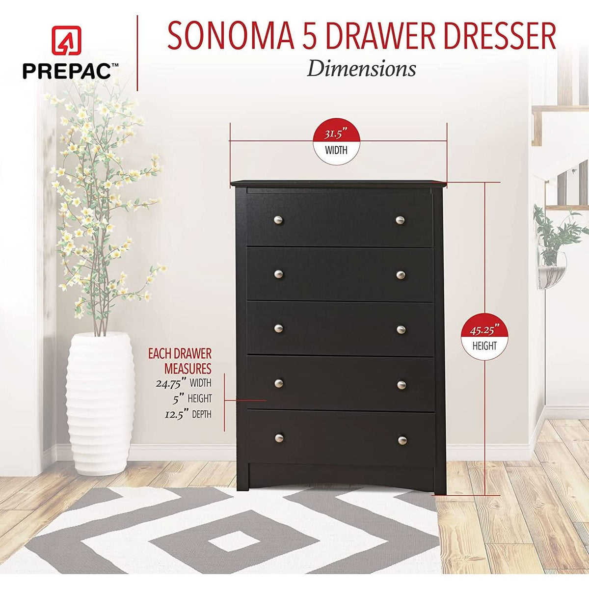 Black 5 Drawer Bedroom Dresser Chest With Ample Storage
