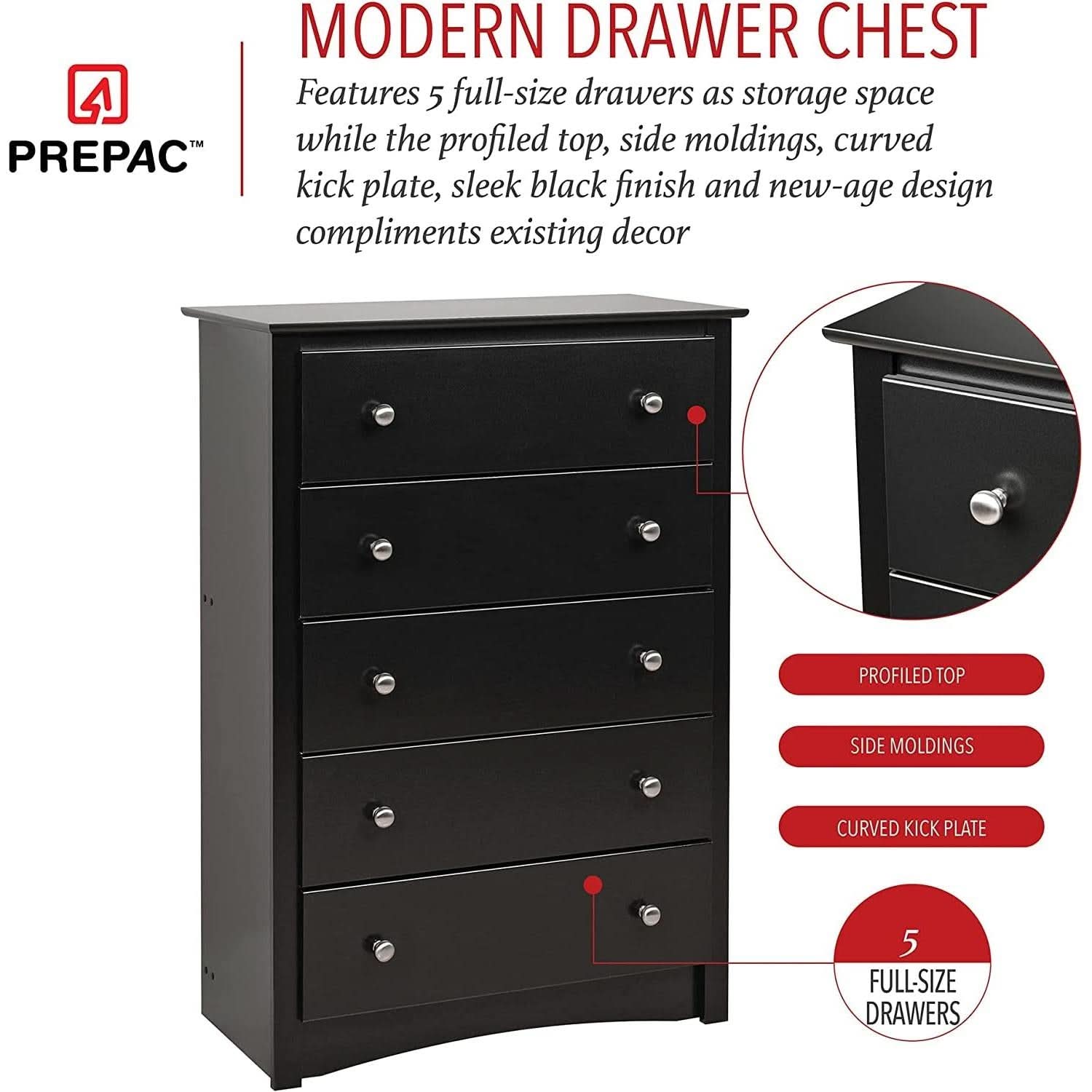 Black 5 Drawer Bedroom Dresser Chest With Ample Storage