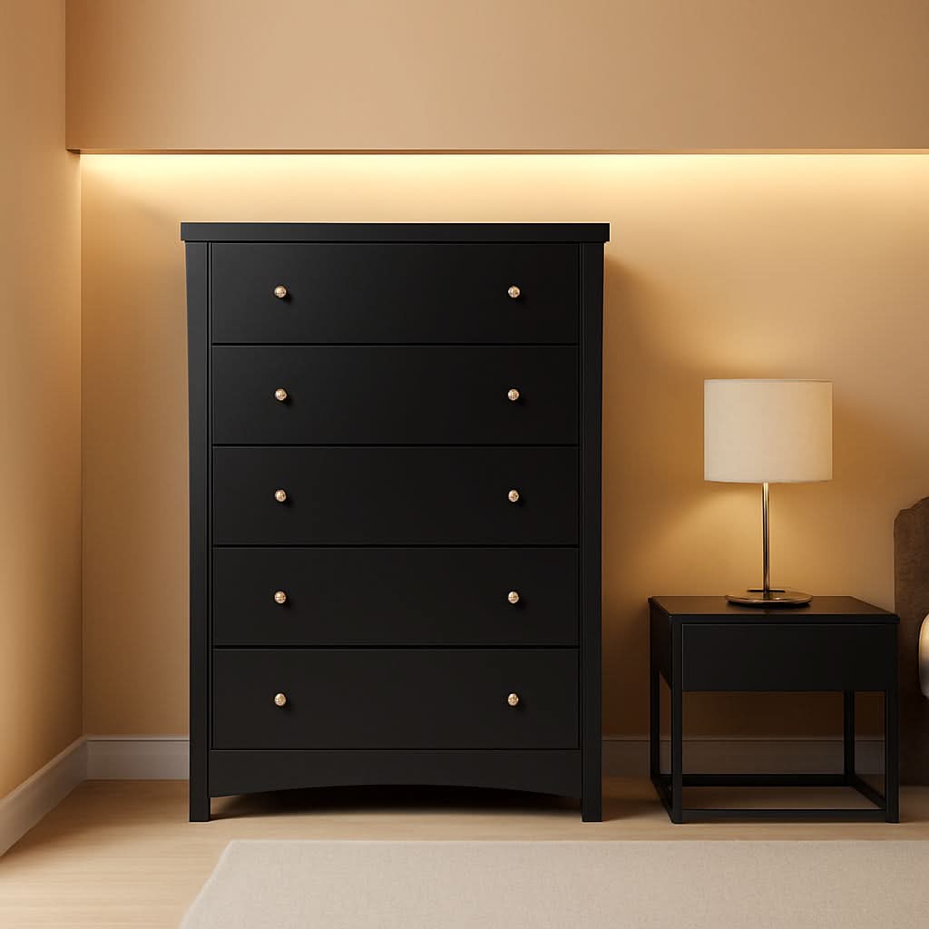Black 5 Drawer Bedroom Dresser Chest With Ample Storage