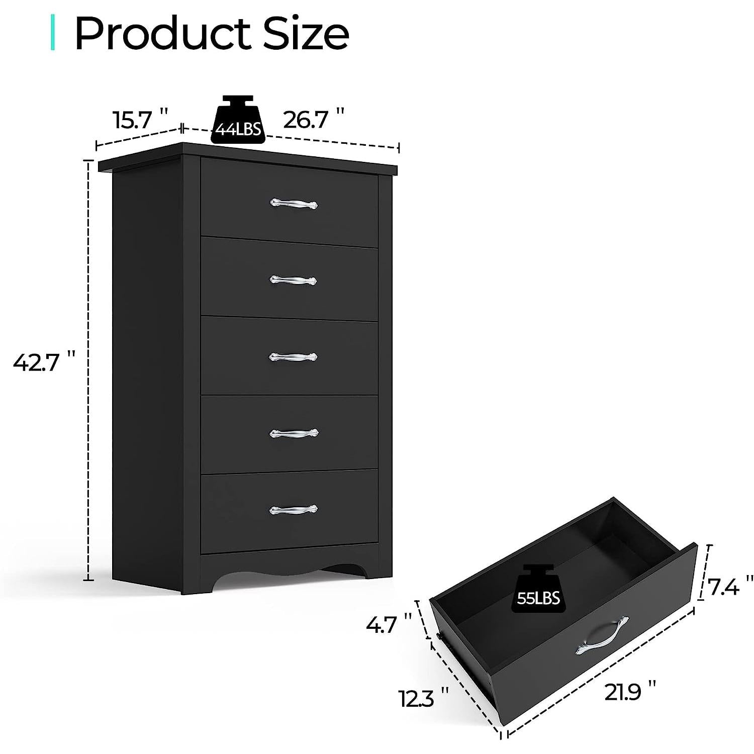 Black 5 Drawer Dresser for Nursery Organization Storage
