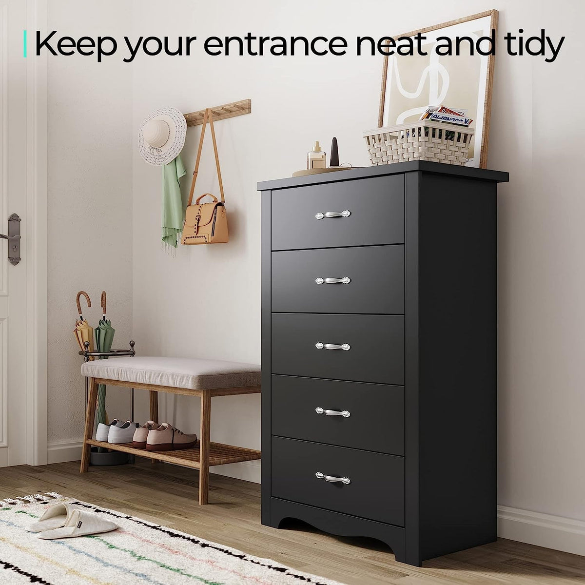 Black 5 Drawer Dresser for Nursery Organization Storage